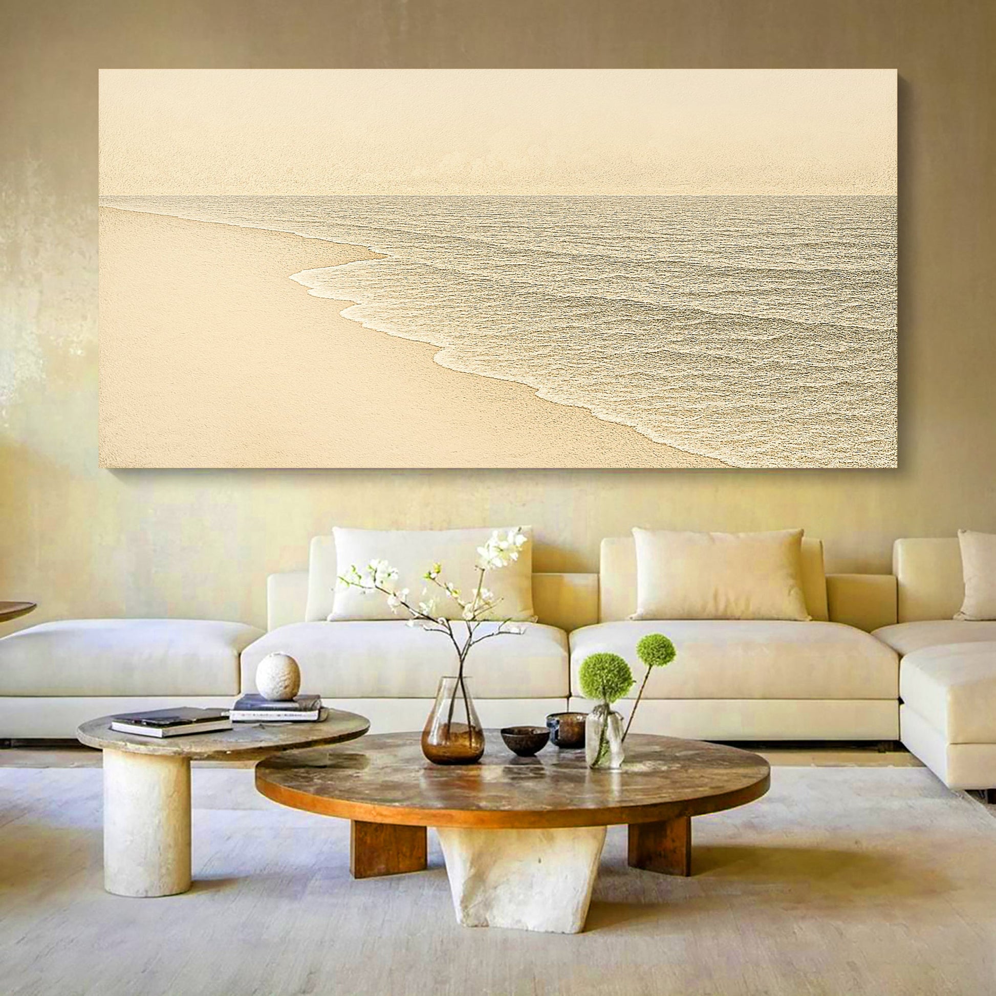 Coastal wall art canvas print with pale sand, foamy shoreline, and calm gray-blue sea