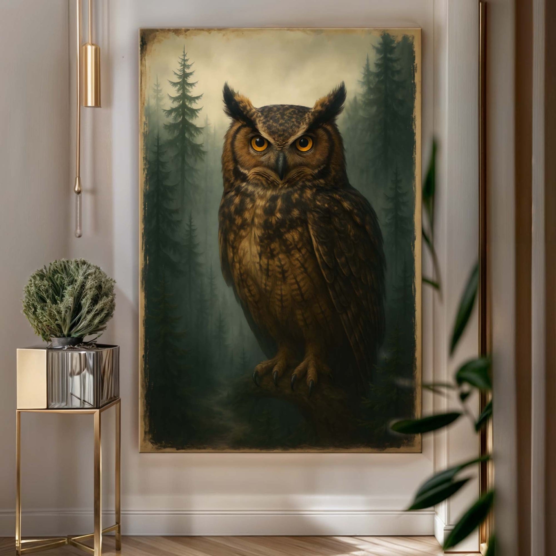 Owl wall art canvas with golden eyes and forest trees, framed in dark border