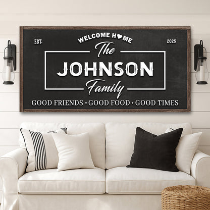 Dark wall sign with white “Welcome Home” and “The Johnson Family” lettering in a frame