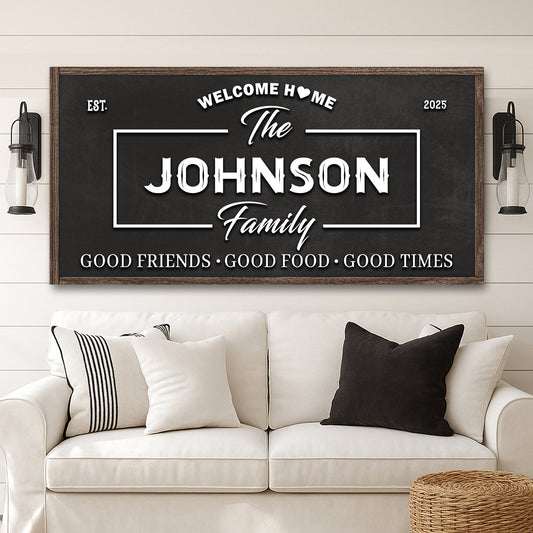 Dark wall sign with white “Welcome Home” and “The Johnson Family” lettering in a frame