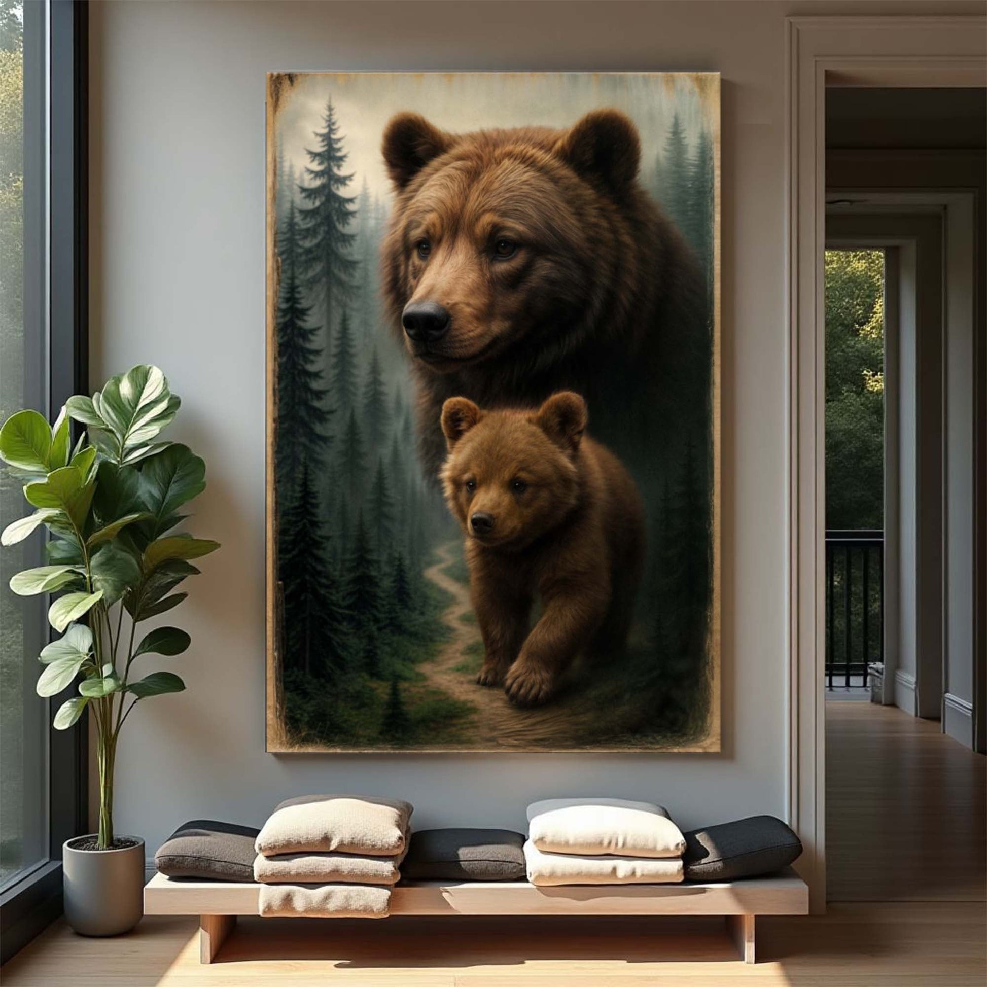 Bear and cub wall art canvas with forest trees and path in warm brown and green