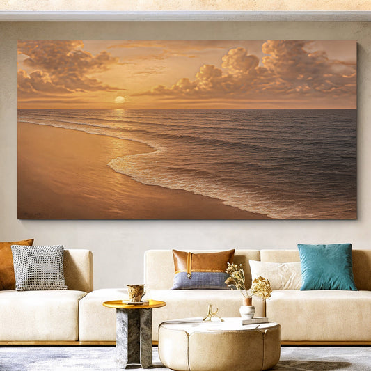 Coastal beach wall art canvas showing sunlit shoreline at golden sunset