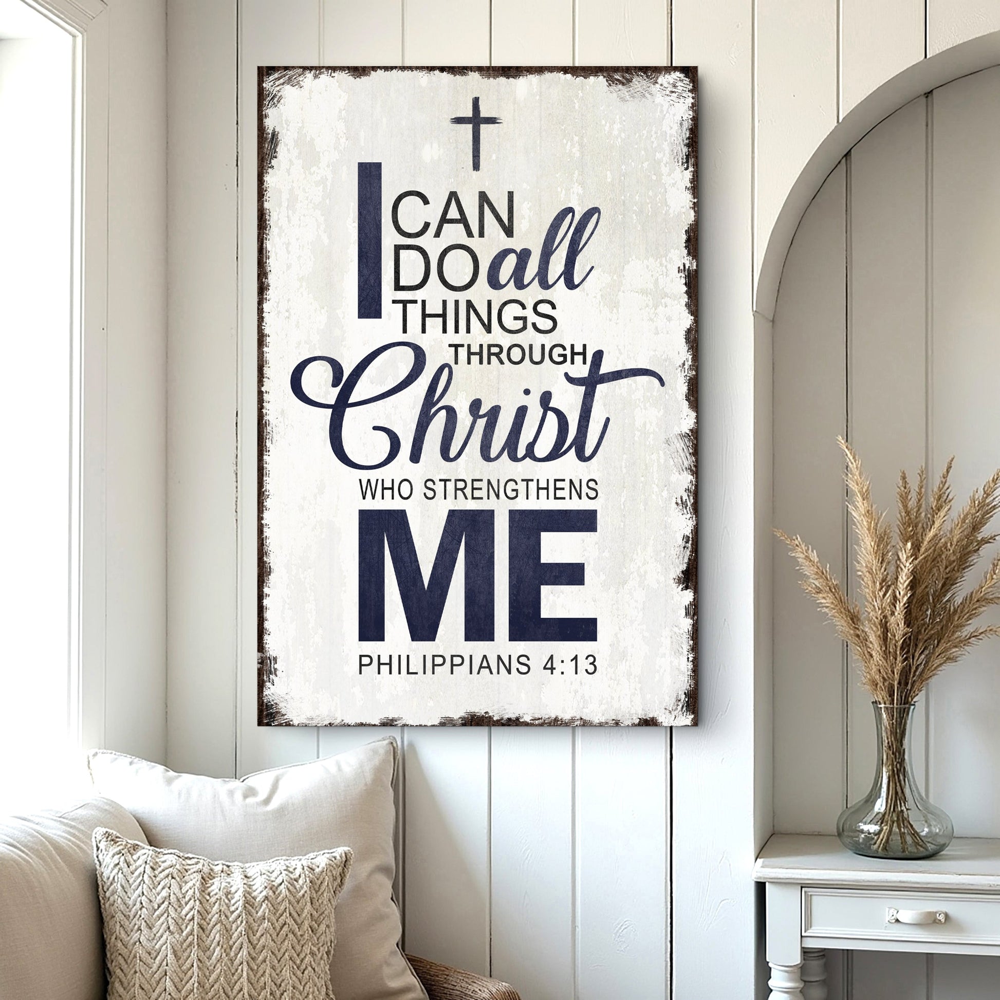 Framed canvas wall art with “I can do all things through Christ” and “Philippians 4:13”