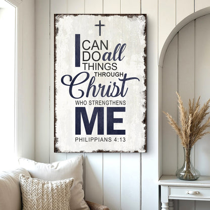 Framed canvas wall art with “I can do all things through Christ” and “Philippians 4:13”