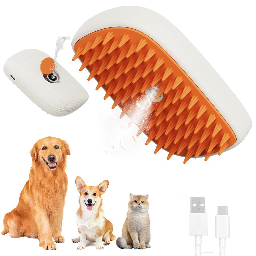 Pet grooming steam brush with orange bristle head and white handheld body