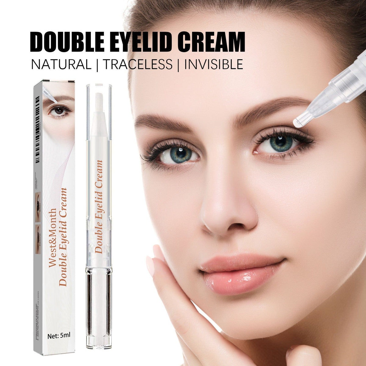 Eyelid shaping cream tube and box with silver cap, shown beside a close-up face