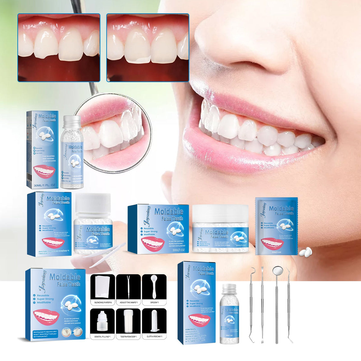 Mouth close-up with cosmetic dentures and fitting kit: gel jar, blue boxes, and tools