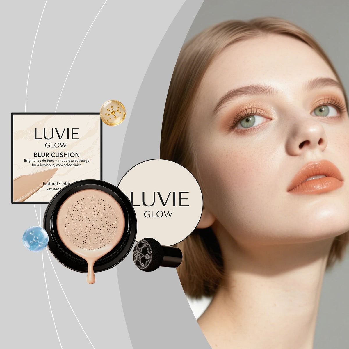 Natural shade blur cushion foundation compact next to model portrait