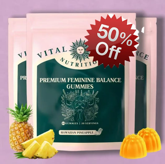 Premium Feminine Balance Gummies pouch, Hawaiian pineapple flavor, 50% off badge