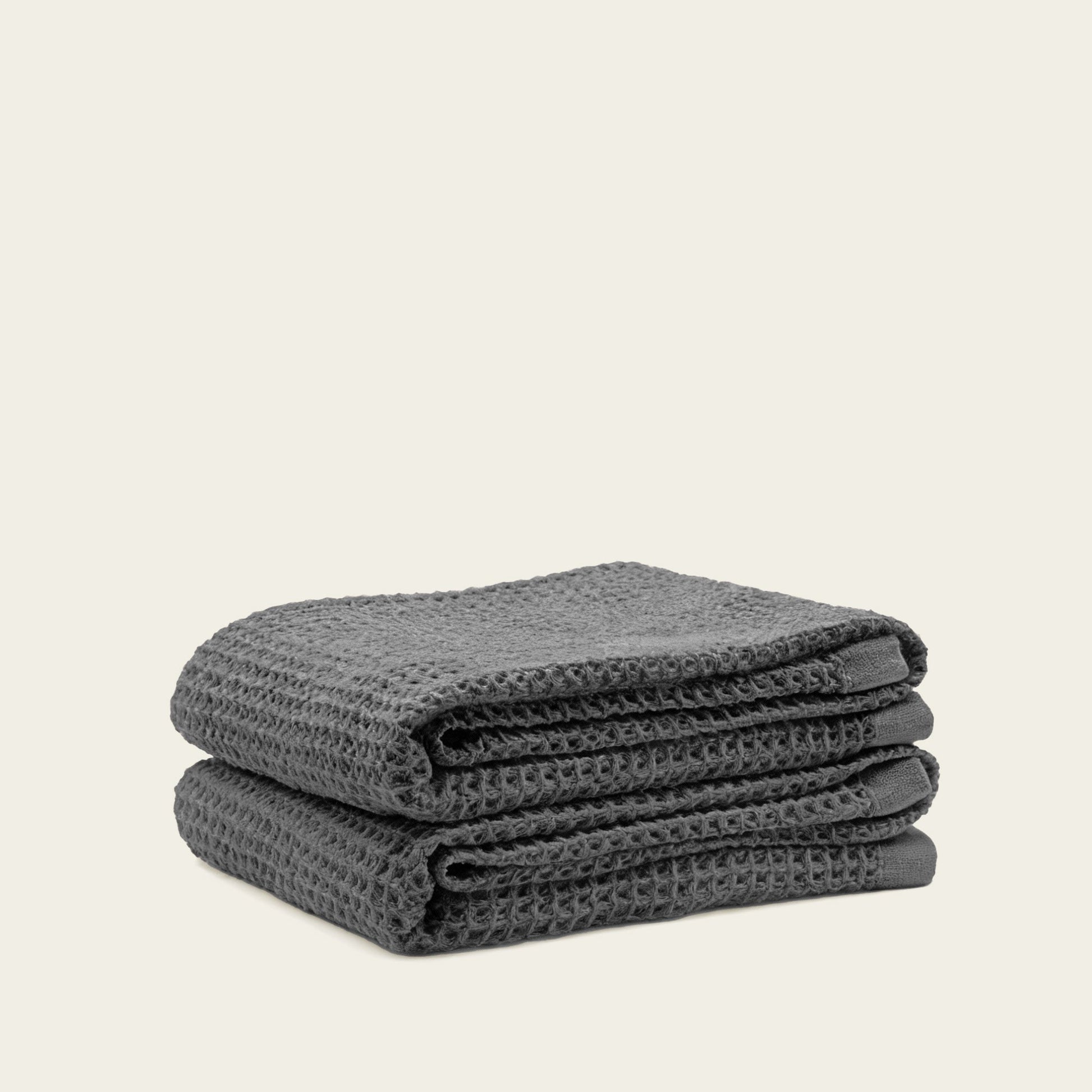 Charcoal waffle cotton towels, folded stack of 3
