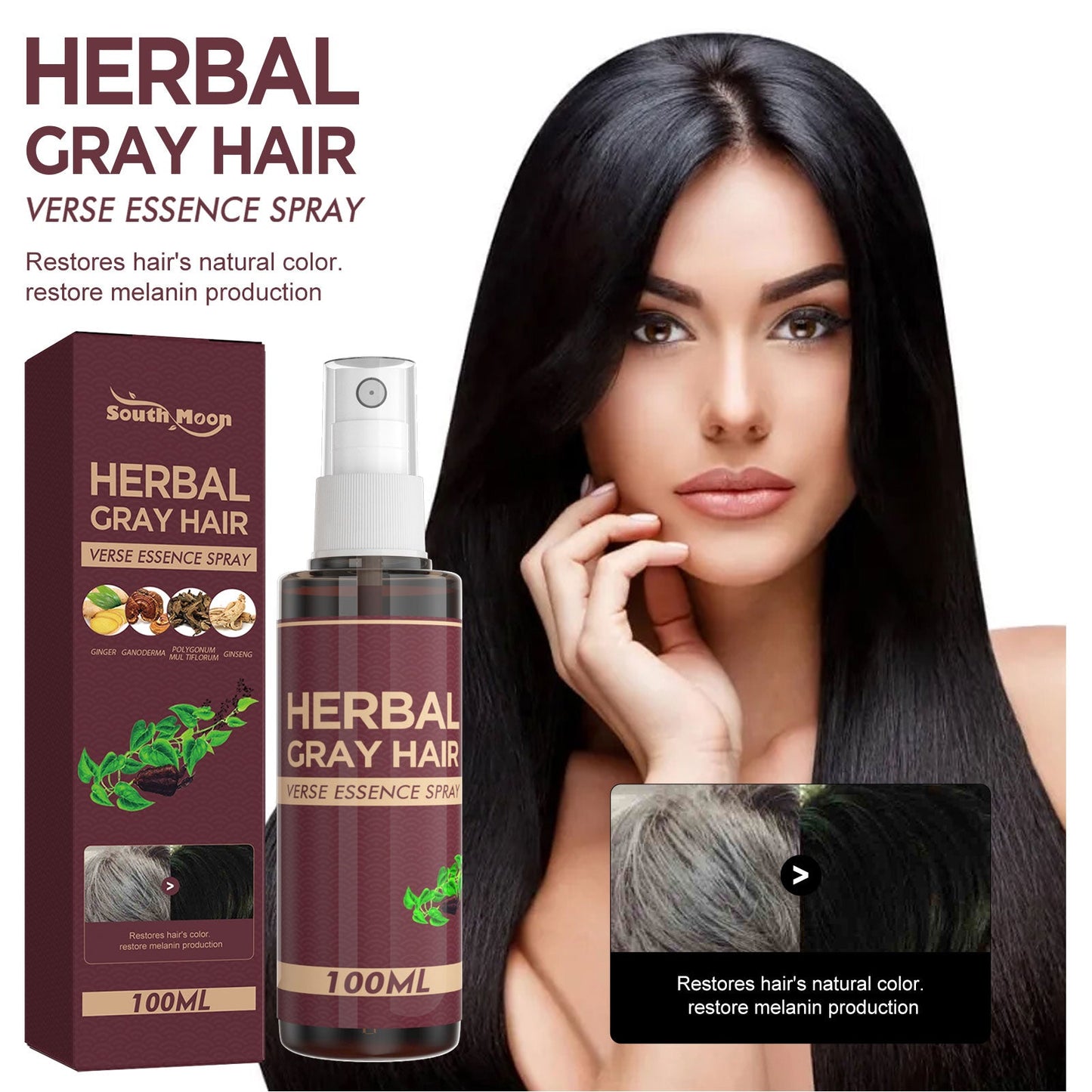 Herbal gray hair spray bottle and maroon box, 100 ml, white pump and swatch