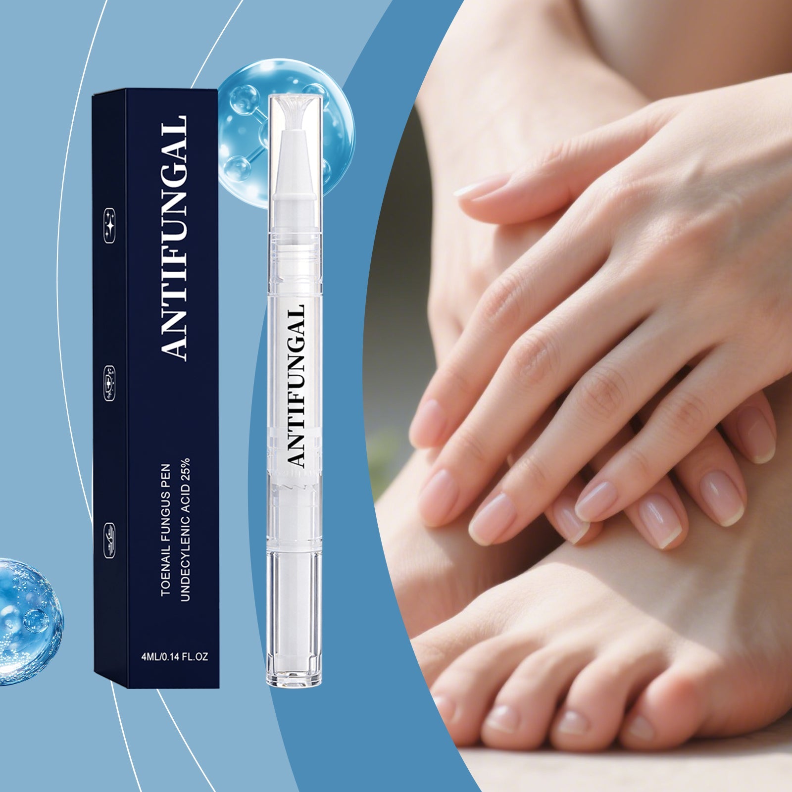 Nail care pen with hands showing glossy light pink nails