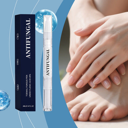Nail care pen with hands showing glossy light pink nails