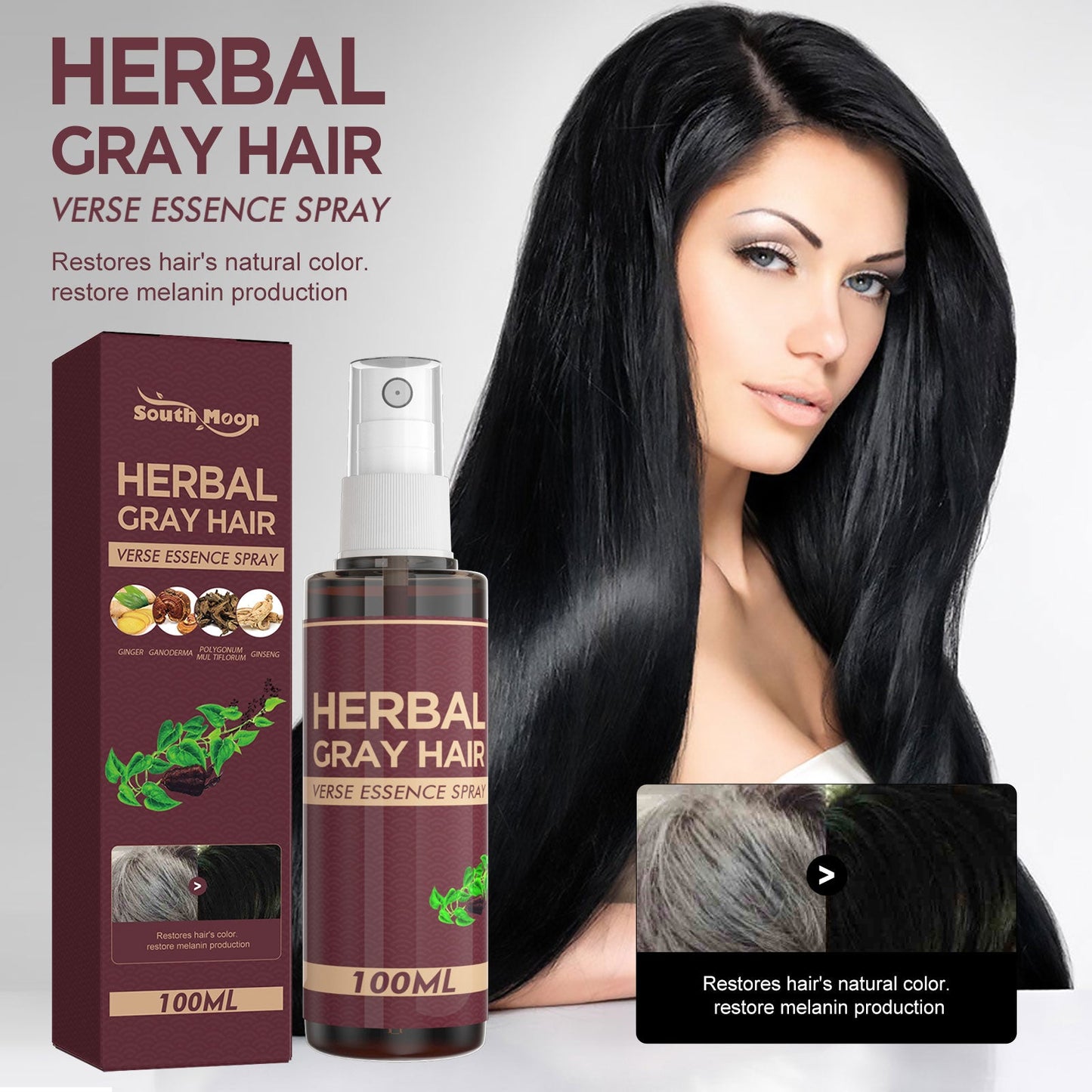 Herbal gray hair spray bottle with maroon box, 100 ml, white spray pump