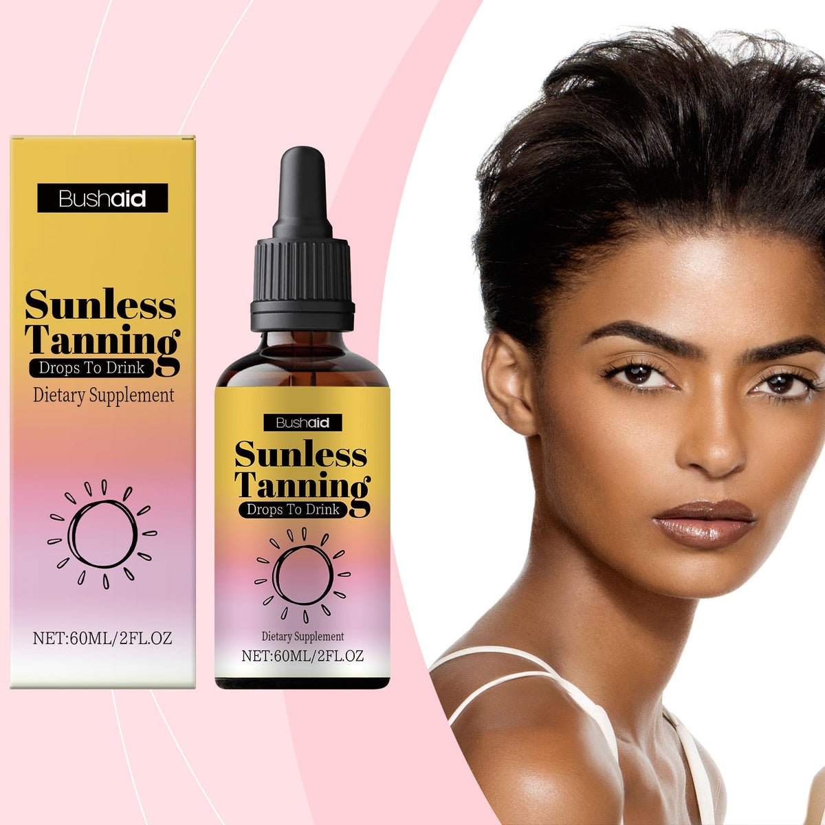 Oral sunless tanning drops bottle with dropper and matching product box
