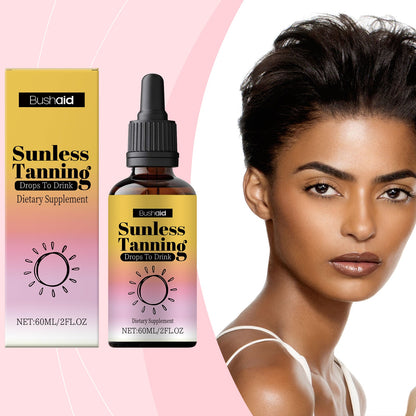 Oral sunless tanning drops bottle with dropper and matching product box
