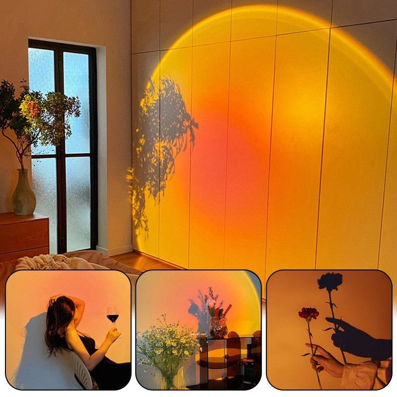 Sunset lamp projecting warm yellow circular light on wall
