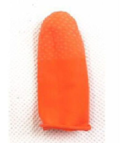 Orange silicone finger blade close-up, textured tip and rounded end