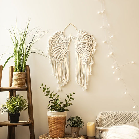 1pc Bohemian Angel Wings Tapestry Pendant with Long Tassels - Hand Woven Dream Catcher Wall Hanging for Weddings, Offices, and Bedrooms - Renee Lane Company