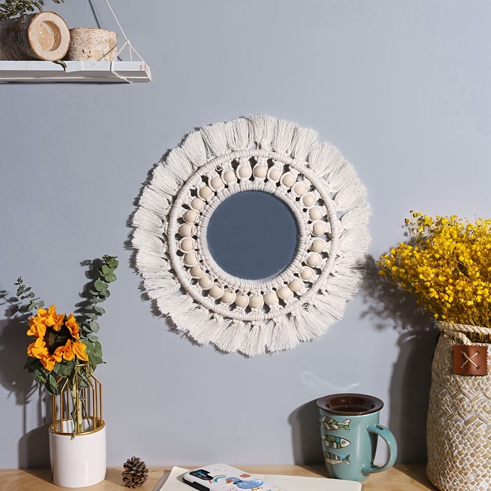 1pc, Boho Macrame Round Mirror - Decorative Wall Hanging for Apartment, Home, Bedroom, and Living Room - Renee Lane Company