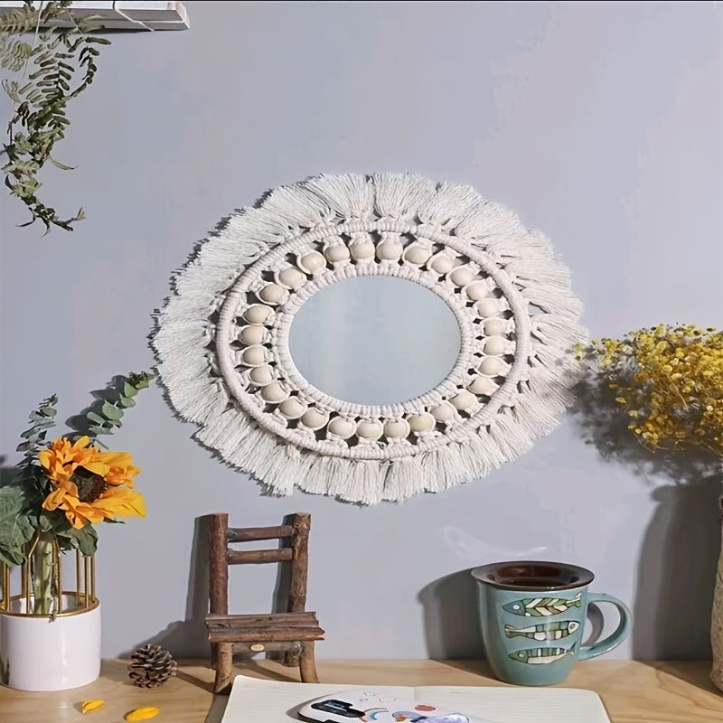 1pc, Boho Macrame Round Mirror - Decorative Wall Hanging for Apartment, Home, Bedroom, and Living Room - Renee Lane Company