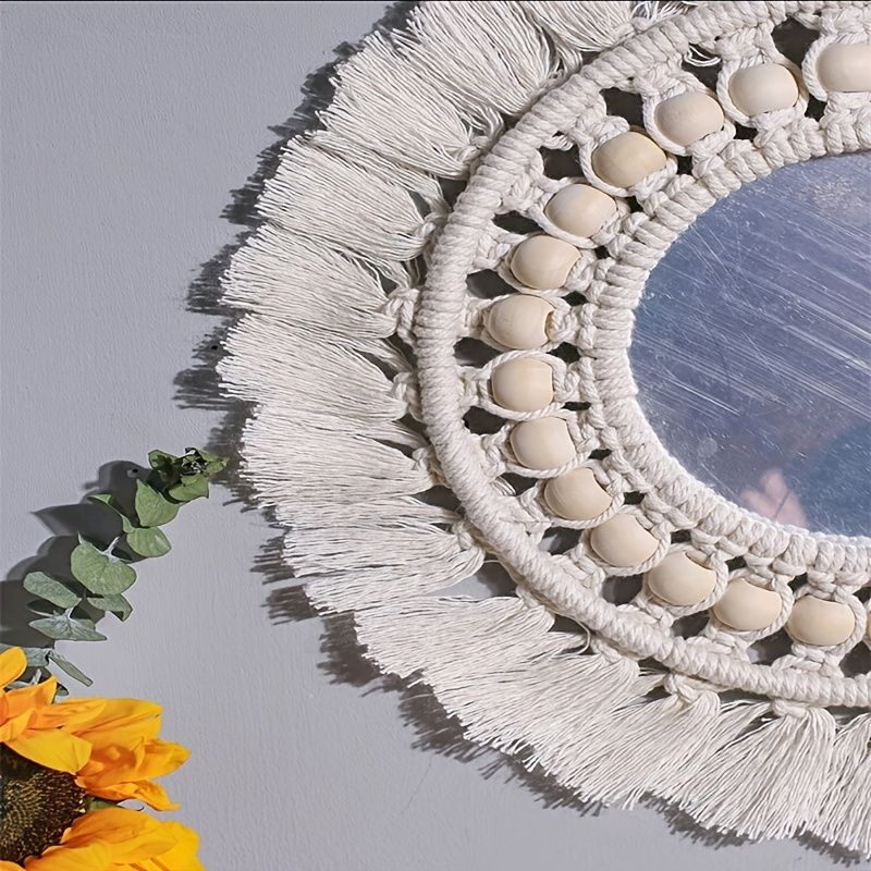 1pc, Boho Macrame Round Mirror - Decorative Wall Hanging for Apartment, Home, Bedroom, and Living Room - Renee Lane Company