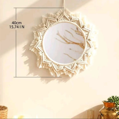 1pc, Boho Macrame Round Mirror - Woven Wall Hanging for Apartment, Home, Bedroom, Living Room Decor - Renee Lane Company