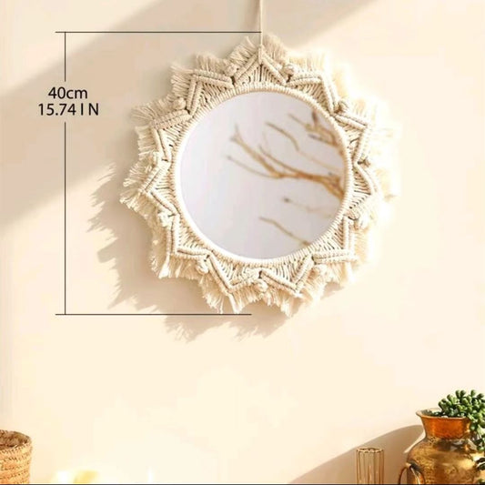 1pc, Boho Macrame Round Mirror - Woven Wall Hanging for Apartment, Home, Bedroom, Living Room Decor - Renee Lane Company