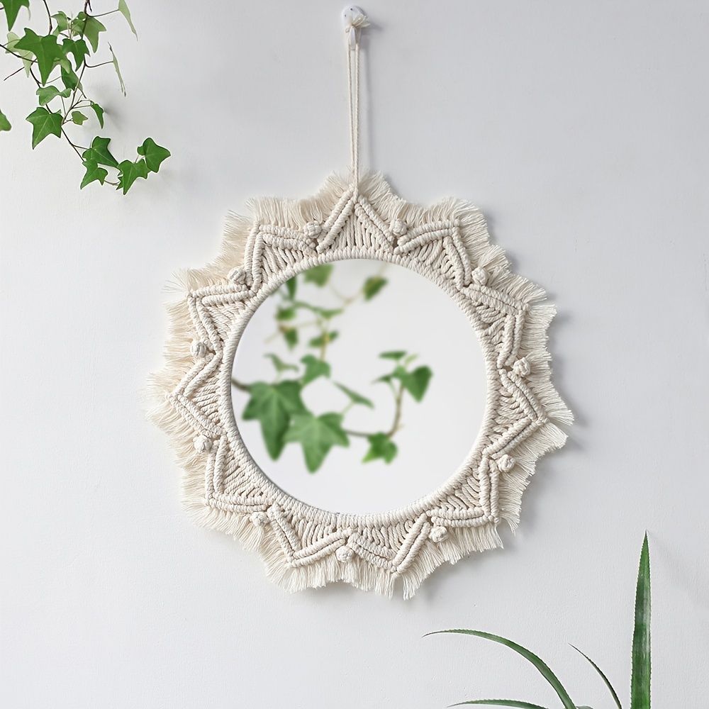 1pc, Boho Macrame Round Mirror - Woven Wall Hanging for Apartment, Home, Bedroom, Living Room Decor - Renee Lane Company