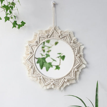 1pc, Boho Macrame Round Mirror - Woven Wall Hanging for Apartment, Home, Bedroom, Living Room Decor - Renee Lane Company