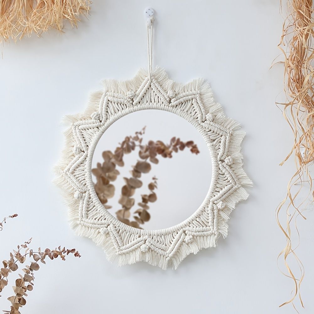 1pc, Boho Macrame Round Mirror - Woven Wall Hanging for Apartment, Home, Bedroom, Living Room Decor - Renee Lane Company