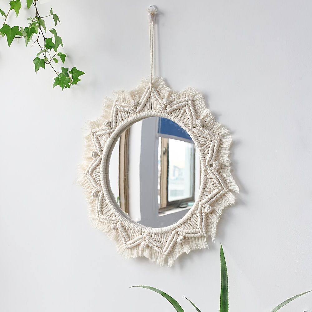 1pc, Boho Macrame Round Mirror - Woven Wall Hanging for Apartment, Home, Bedroom, Living Room Decor - Renee Lane Company