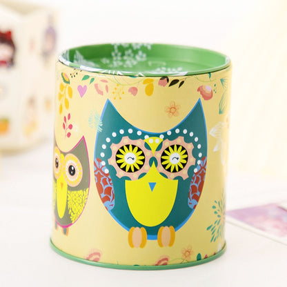 1pc Cartoon Owl Houndstooth Iron Material Round Storage Tank Money Bank - Renee Lane Company