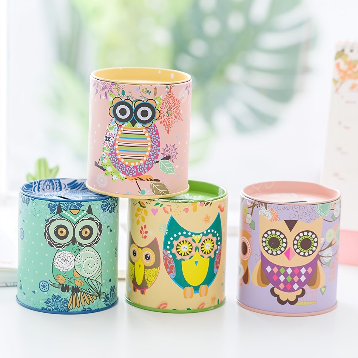 1pc Cartoon Owl Houndstooth Iron Material Round Storage Tank Money Bank - Renee Lane Company