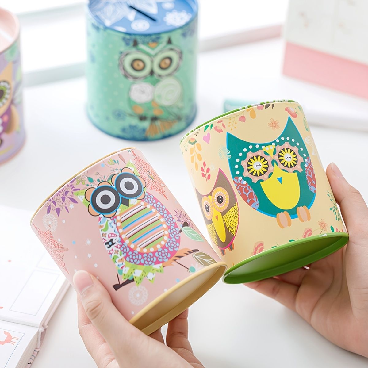 1pc Cartoon Owl Houndstooth Iron Material Round Storage Tank Money Bank - Renee Lane Company