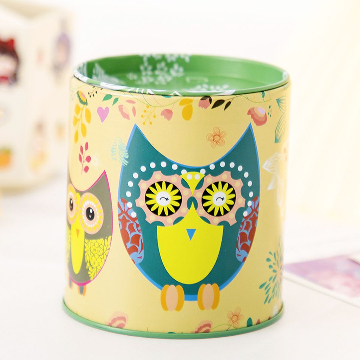 1pc Cartoon Owl Houndstooth Iron Material Round Storage Tank Money Bank - Renee Lane Company