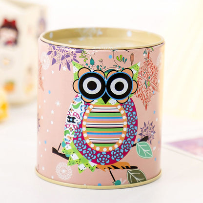 1pc Cartoon Owl Houndstooth Iron Material Round Storage Tank Money Bank - Renee Lane Company