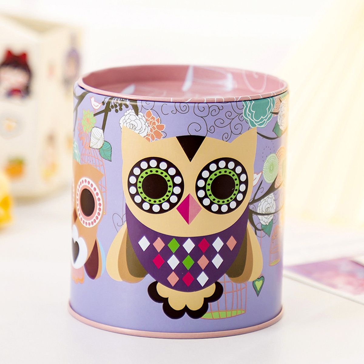 1pc Cartoon Owl Houndstooth Iron Material Round Storage Tank Money Bank - Renee Lane Company