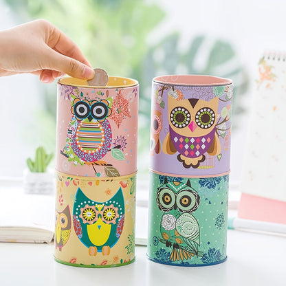 1pc Cartoon Owl Houndstooth Iron Material Round Storage Tank Money Bank - Renee Lane Company