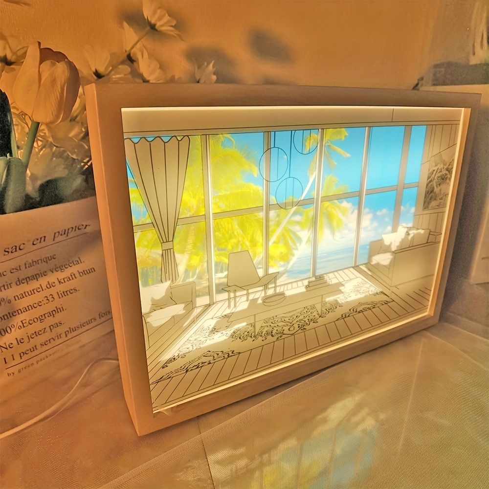 1pc Dimming 3-color Beach Sun Painting Lamp,Sketch Light. Healing Light, Bedside Bedroom Sleeping Lamp, Romantic Birthday Gift,Bedside Table Lamp - Renee Lane Company