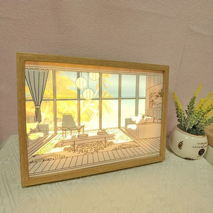 1pc Dimming 3-color Beach Sun Painting Lamp,Sketch Light. Healing Light, Bedside Bedroom Sleeping Lamp, Romantic Birthday Gift,Bedside Table Lamp - Renee Lane Company
