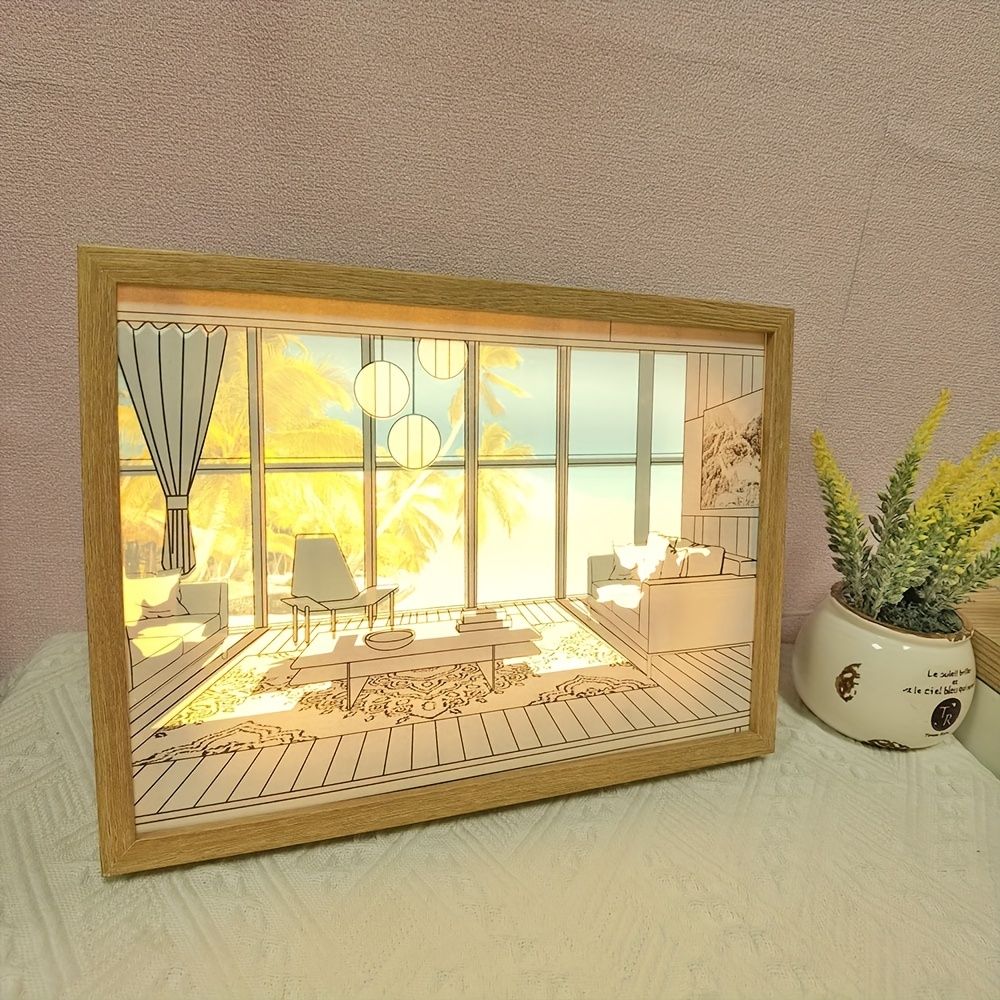 1pc Dimming 3-color Beach Sun Painting Lamp,Sketch Light. Healing Light, Bedside Bedroom Sleeping Lamp, Romantic Birthday Gift,Bedside Table Lamp - Renee Lane Company
