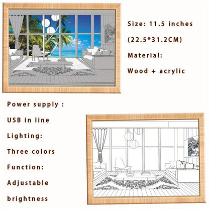1pc Dimming 3-color Beach Sun Painting Lamp,Sketch Light. Healing Light, Bedside Bedroom Sleeping Lamp, Romantic Birthday Gift,Bedside Table Lamp - Renee Lane Company