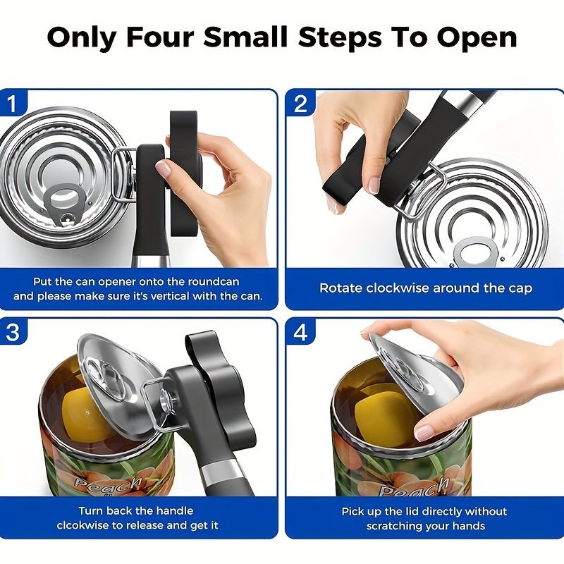 1pc Ergonomic Manual Can Opener with Soft Grips - Smooth Edge Cutting Can Opener for Kitchen & Restaurant - Food Grade Stainless Steel - Renee Lane Company