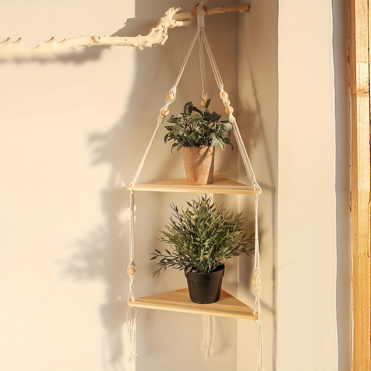 1pc Handwoven Wooden Triangle Storage Rack for Flower Pots, Pendants, and Room Decor - Stylish and Functional Home Decor - Renee Lane Company