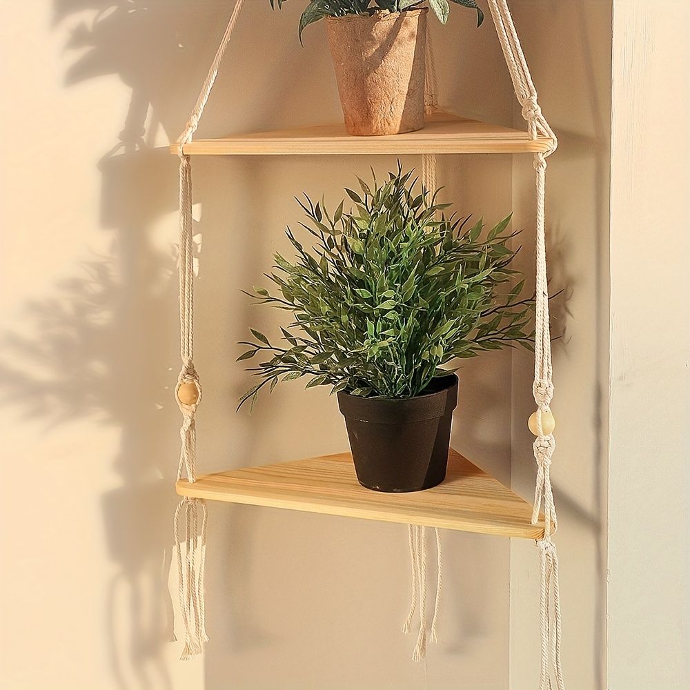 1pc Handwoven Wooden Triangle Storage Rack for Flower Pots, Pendants, and Room Decor - Stylish and Functional Home Decor - Renee Lane Company