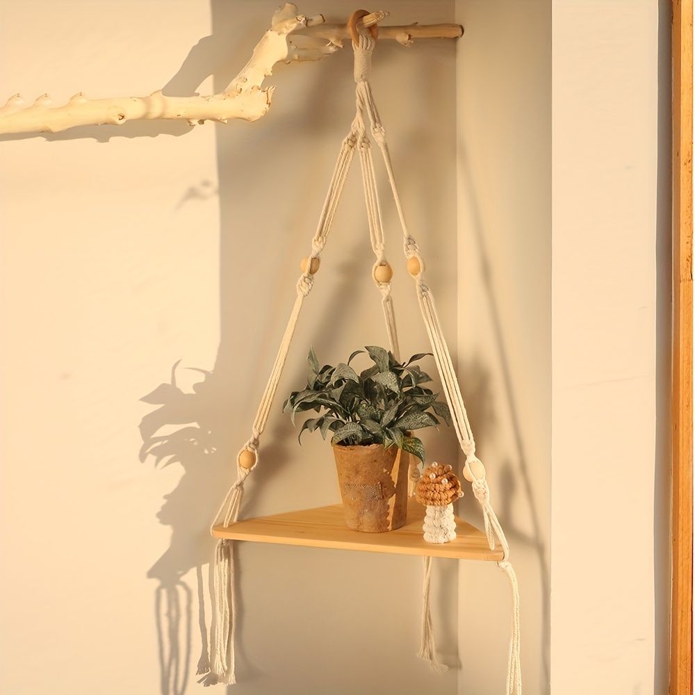1pc Handwoven Wooden Triangle Storage Rack for Flower Pots, Pendants, and Room Decor - Stylish and Functional Home Decor - Renee Lane Company