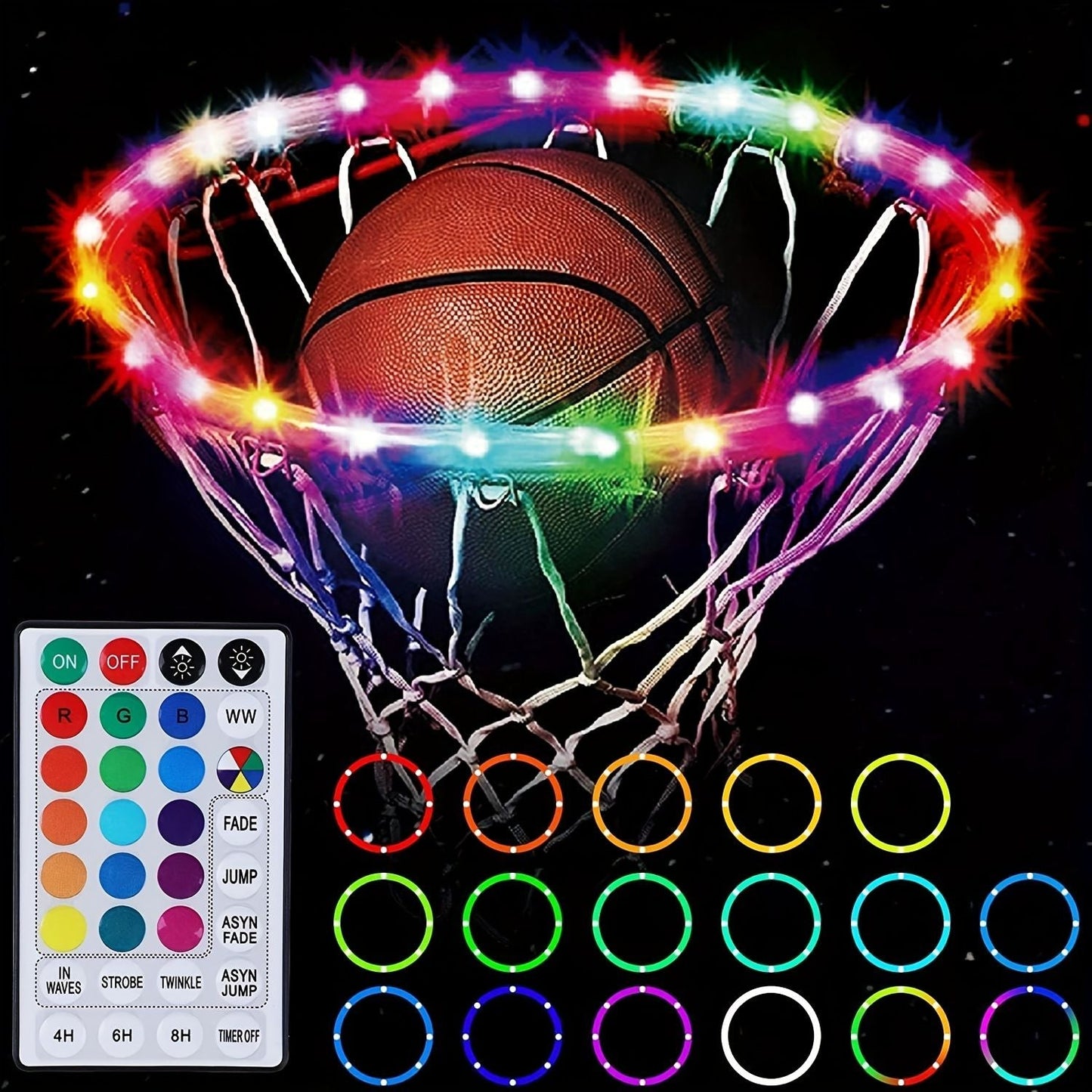 1pc LED Basketball Hoop Light, Remote Control Waterproof Basketball Rim Lights With 17 Colors 7 Lighting Modes, Super Bright Goal Accessories For Kids Adults Boys Outdoor Game And Training - Renee Lane Company