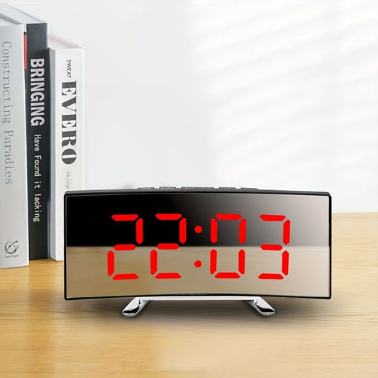 1pc Led Alarm Clock, Mirror Curved Screen, Digital Alarm Clock With Sleep Temperature For Students Bedroom, Living Room, Office And School - Renee Lane Company