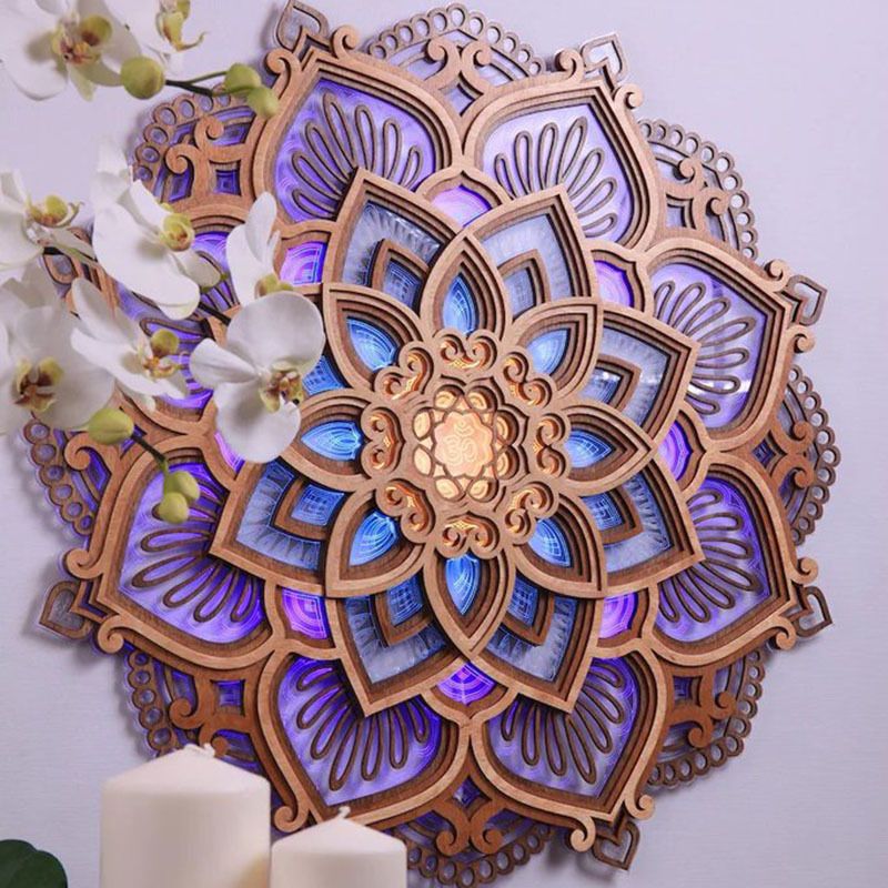 1pc Mandala Wooden Decorative Lamp Yoga Room LED Night Light Multilayered Laser Cut Carved Light Wall Decor For Home Living Room Bedroom Ornament - Renee Lane Company